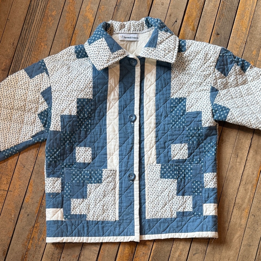 Patchwork Vintage Quilted Quilt chore Coat Jacket in Blue and White Calico